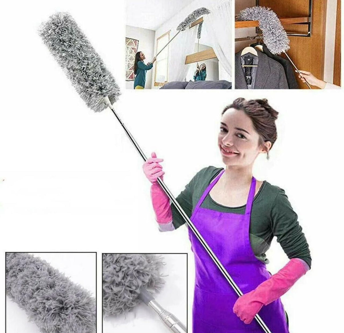 Microfiber Gray Fan Duster – Extendable Stainless Steel Long Pole & Bendable Washable Cleaning Brush